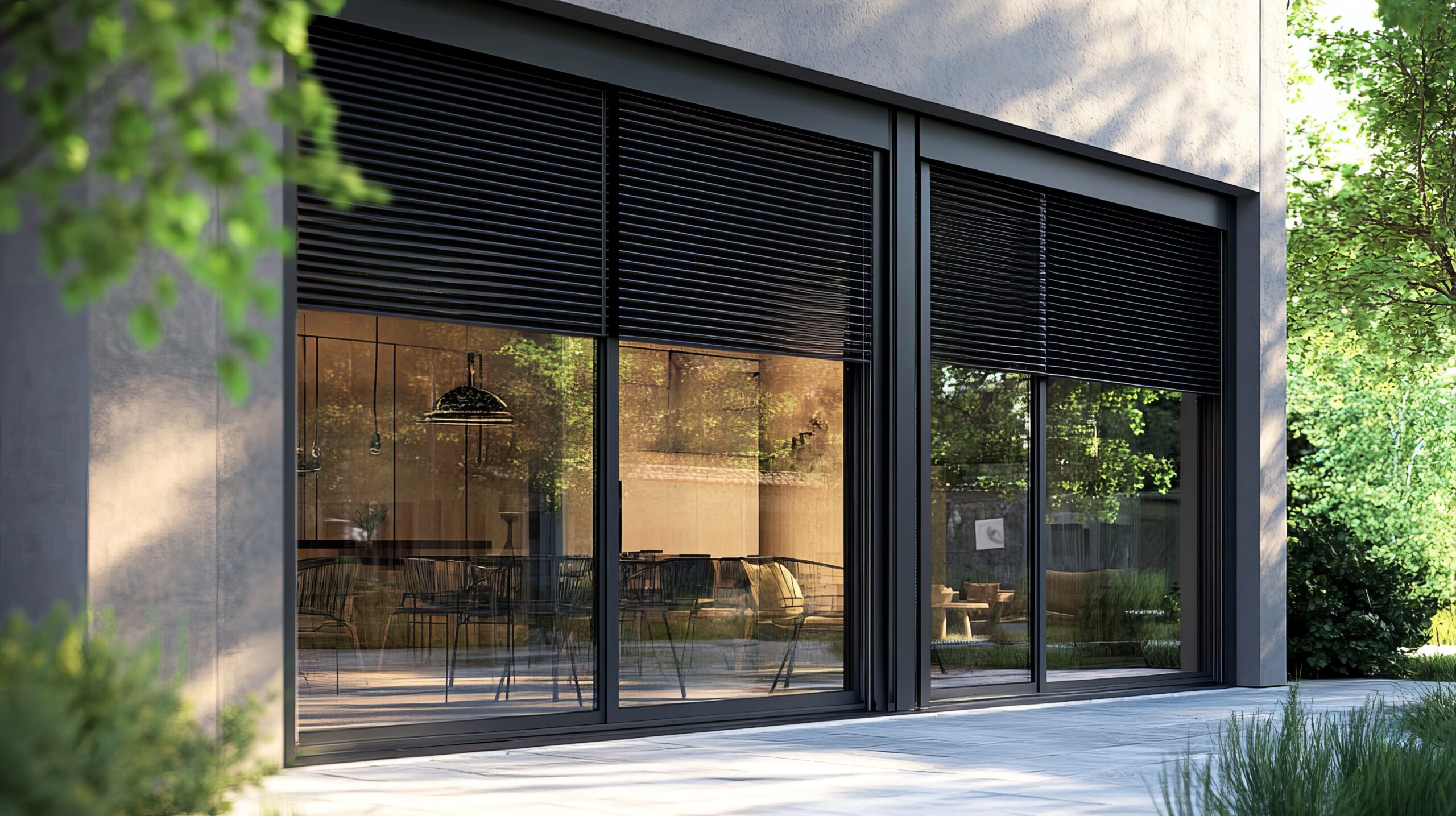 Outside view of a building featuring large windows and black roller shutters Outside view of a building featuring large windows and black roller shutters